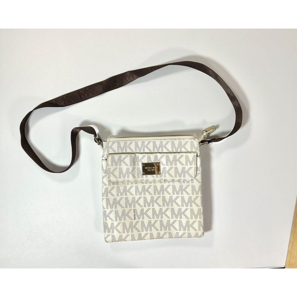 Michael Kors Logo Crossbody Bag in a vanilla/light cream, Brown Strap Gold Tone
